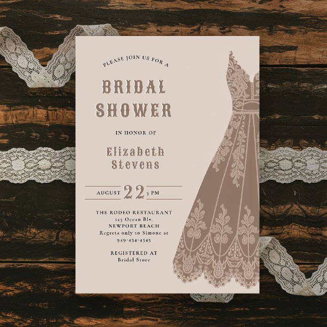 Western Möhippa Dress Cowgirl Chic Rustic Shower Inbjudningar (western bridal shower invitation cowgirl dress elegant lace country rustic chic barn ranch backyard)