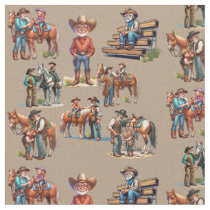 Western morfar Cowboy med barn och hästar Tyg