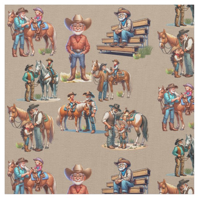 Western morfar Cowboy med barn och hästar Tyg (Närbild)