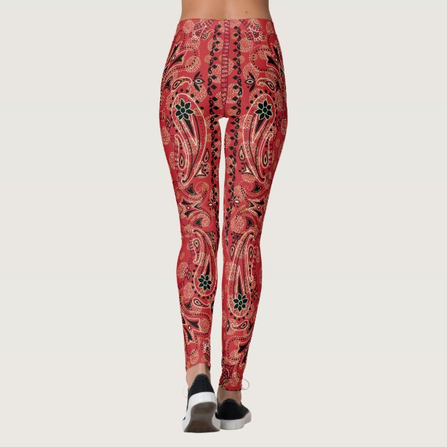 Western Paisley Red Bandana Print Cowgirl Leggings (Baksida)