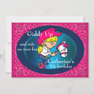 Western Party Tecknad Cowgirl On Stick Horse Inbjudningar