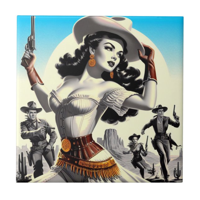 Western Pin-up för Retro Kakelplatta (Framsidan)