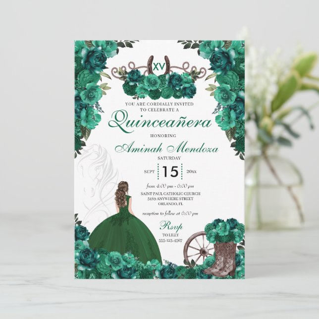 Western Princess Grönt Dress Charra Quinceañera Inbjudningar (Stående Fram)