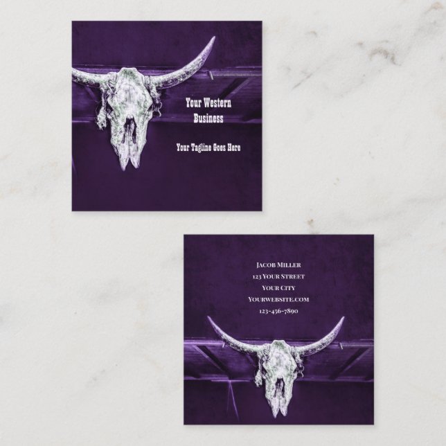 Western Purple White Rustic Bull Cow Skull Barn Fyrkantigt Visitkort (Fram/baksida)