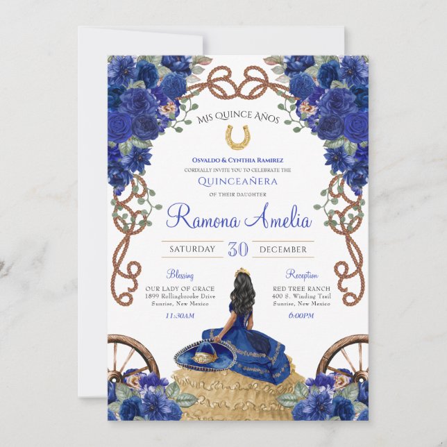 Western Quinceañera Blue Blommigt Charro Inbjudningar (Framsida)