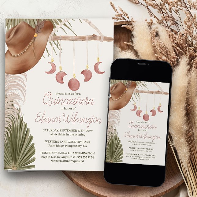 Western Quinceanera Rustic Boho Pampas Grass Inbjudningar (Quinceanera invitations from my Western Boho Quinceanera Collection)