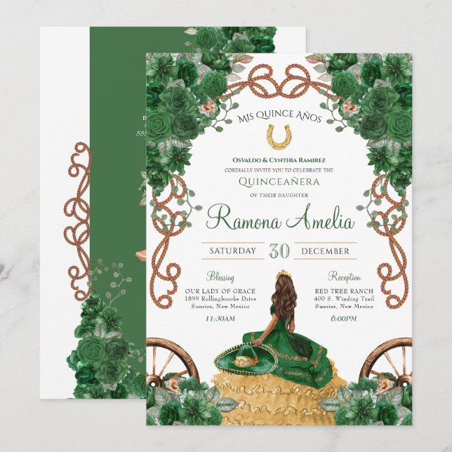 Western Ranch Emerald Grönt Blommigt Quinceañera Inbjudningar (Fram/baksida)
