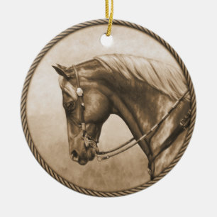 Western Ranch Horse Old Photo Sepia Julgransprydnad Keramik
