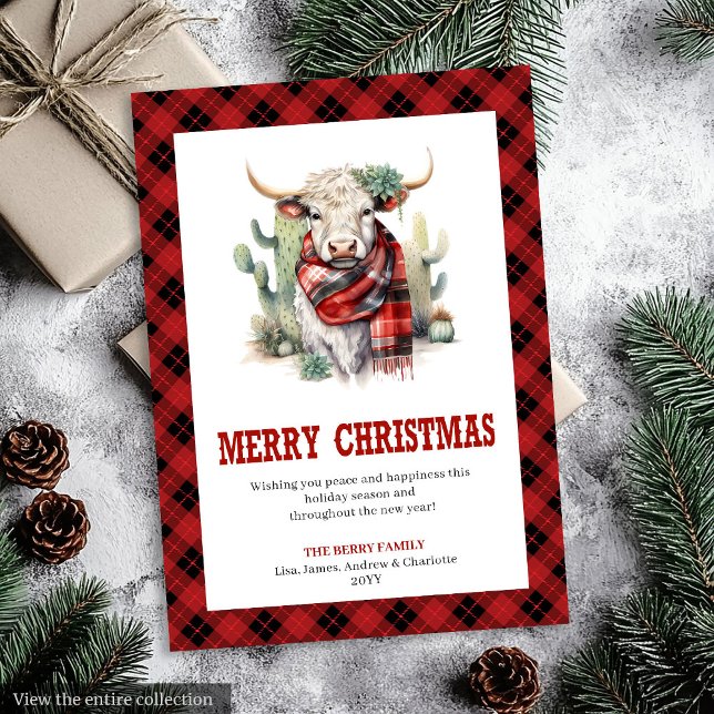Western Ranch Ko Stort Rutmönster Buffalo Högtids  Julkort (Western Ranch Plaid Buffalo Holiday Card)