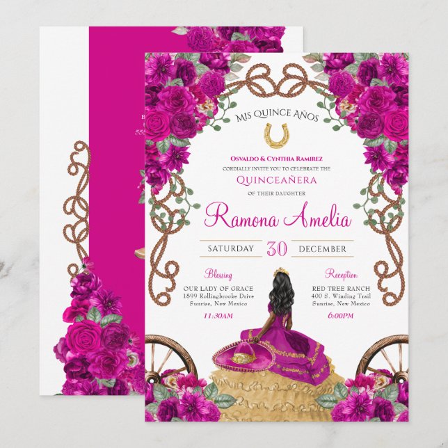 Western Ranch Magenta Rosa Blommigt Quinceañera Inbjudningar (Fram/baksida)