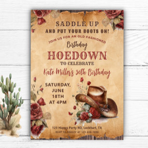 Western Red Blommigt Cowgirl Birthday Hoedown Inbjudningar