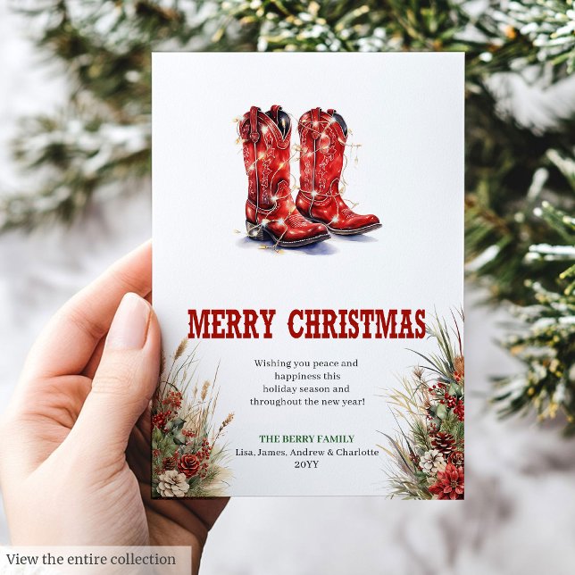Western red cowboy boots Christmas greeting Julkort (Western red cowboy boots Christmas greeting Holiday Card)