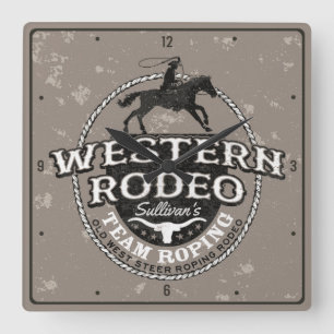 Western Rodeo ADD NAMN Gammala västern Steer Ropin Fyrkantig Klocka