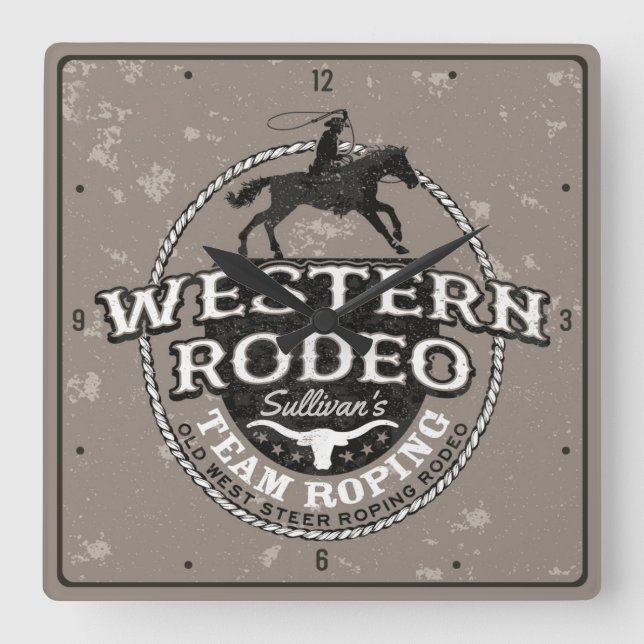 Western Rodeo ADD NAMN Gammala västern Steer Ropin Fyrkantig Klocka (Framsida)