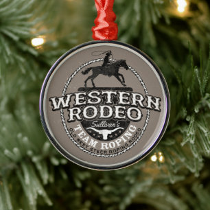 Western Rodeo ADD NAMN Gammala västern Steer Ropin Julgransprydnad Metall