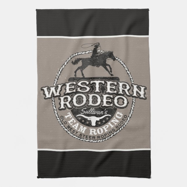 Western Rodeo ADD NAMN Gammala västern Steer Ropin Kökshandduk (Vertikal)