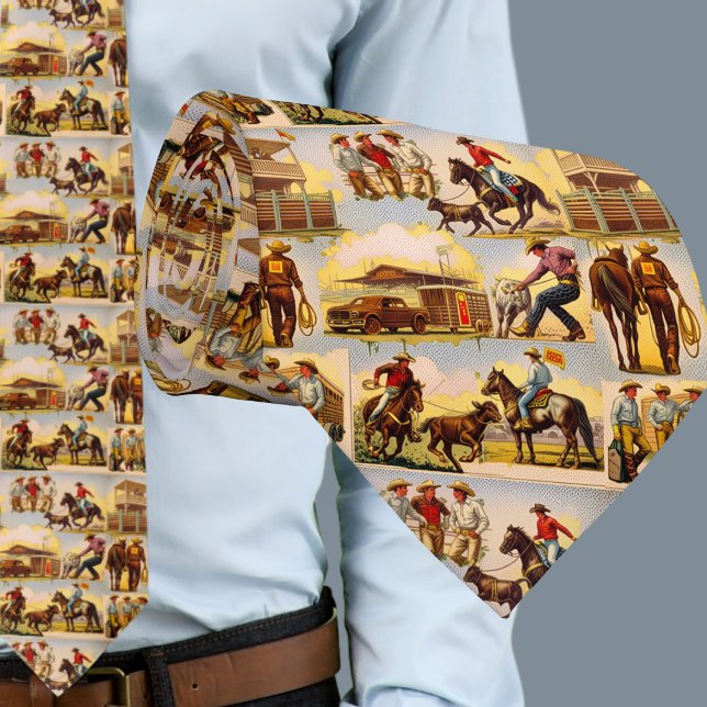 Western Rodeo Arena Cowboys Roping Slips (Vintage Western Cowboy Rodeo Scenes print on Men's Necktie)
