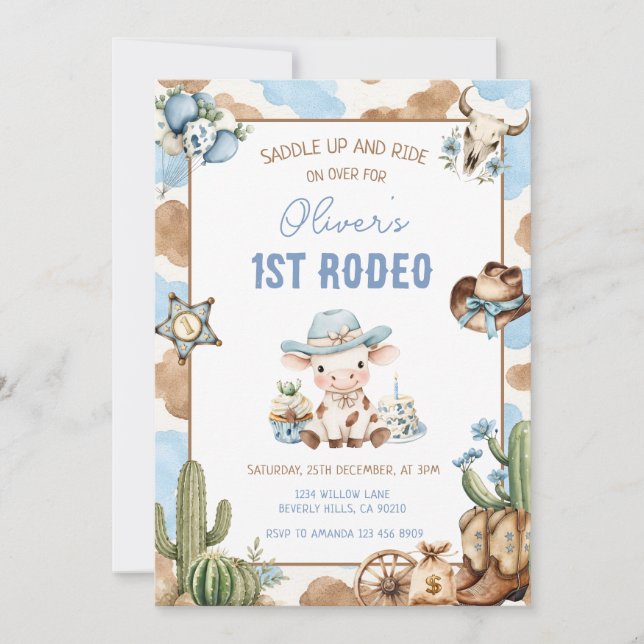 Western Rodeo Blå Cowboy 1-årsdag  Inbjudningar (Framsida)