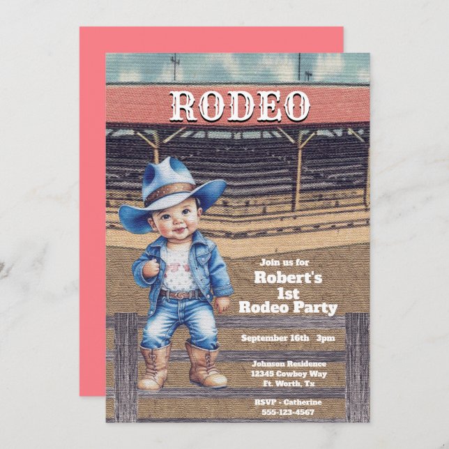 Western Rodeo Cowboy 1:a födelsedag Inbjudningar (Fram/baksida)