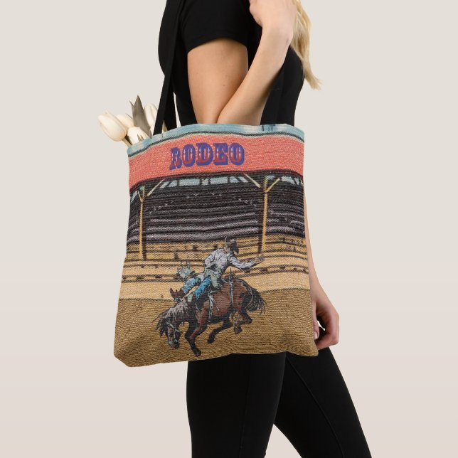 Western Rodeo Cowboy Bronc Riding Tote Bag Tygkasse (Närbild)