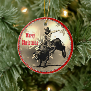 Western Rodeo Cowboy Bull Rider Julgransprydnad Keramik