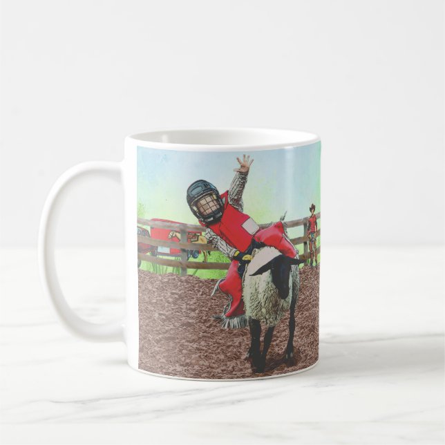 Western Rodeo Cowboy Cowgirl Mutton Busting Kaffemugg (Vänster)
