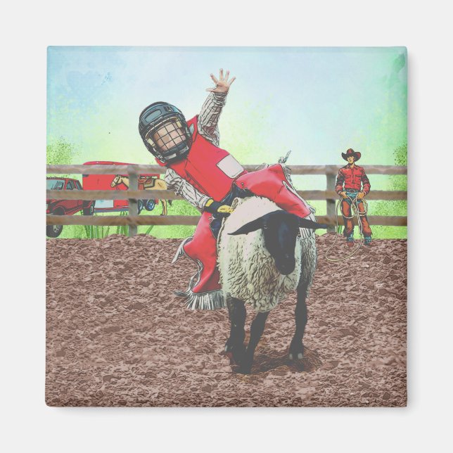 Western Rodeo Cowboy Cowgirl Mutton Busting Magnet (Framsidan)