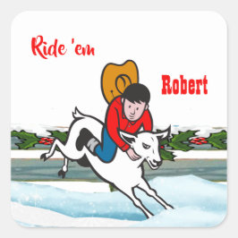 Western Rodeo Cowboy Kid Mutton Buster jul Fyrkantigt Klistermärke