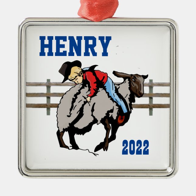 Western Rodeo Cowboy Kid Mutton Buster jul Julgransprydnad Metall (Framsidan)