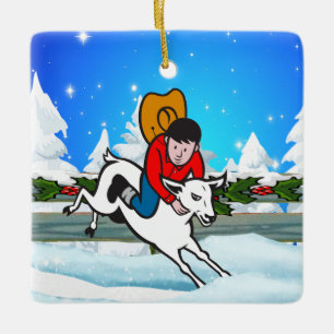Western Rodeo Cowboy Kid Mutton Buster Snö Scene Julgransprydnad Keramik
