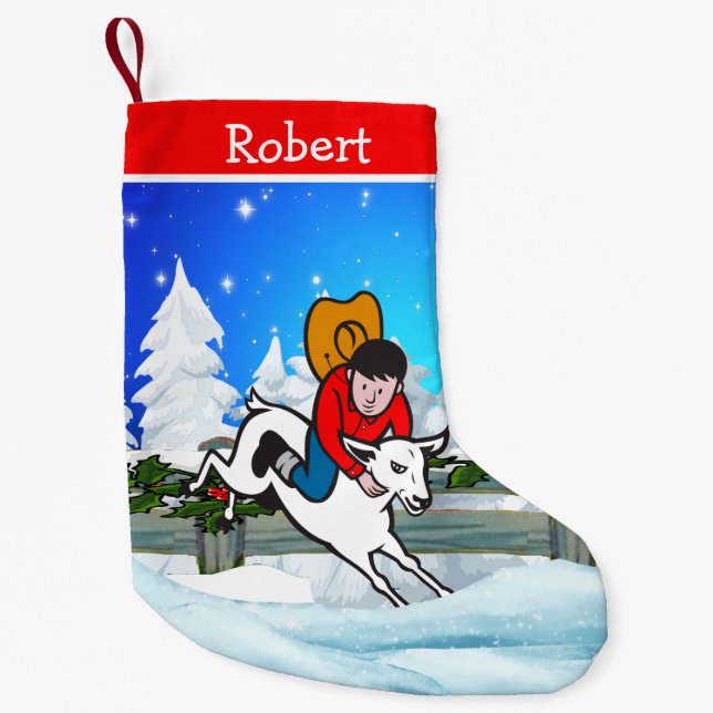 Western Rodeo Cowboy Kid Mutton Buster Snö Scene Liten Julstrumpa (Framsidan)