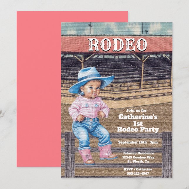 Western Rodeo Cowgirl 1:a Birthday Inbjudningar (Fram/baksida)