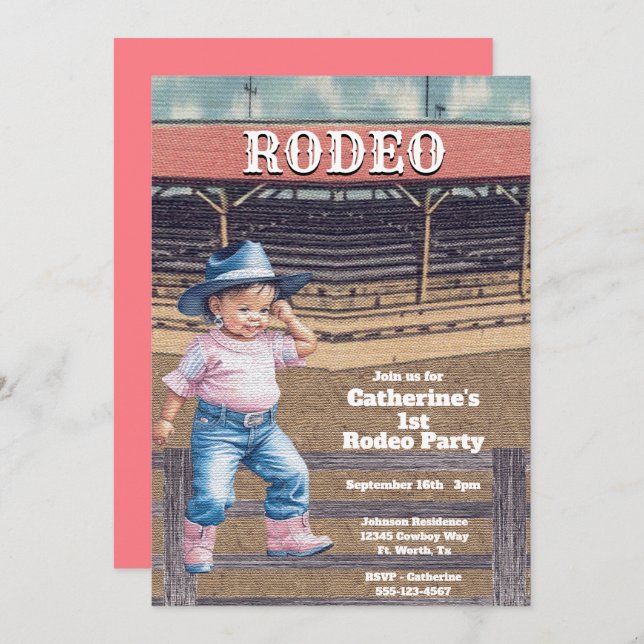 Western Rodeo Cowgirl 1:a Birthday Inbjudningar (Fram/baksida)