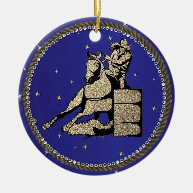 Western Rodeo Cowgirl Barrel Tävla Julgransprydnad Keramik (Framsidan)