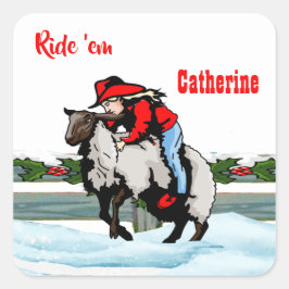 Western Rodeo Cowgirl Kid Mutton Buster jul Fyrkantigt Klistermärke