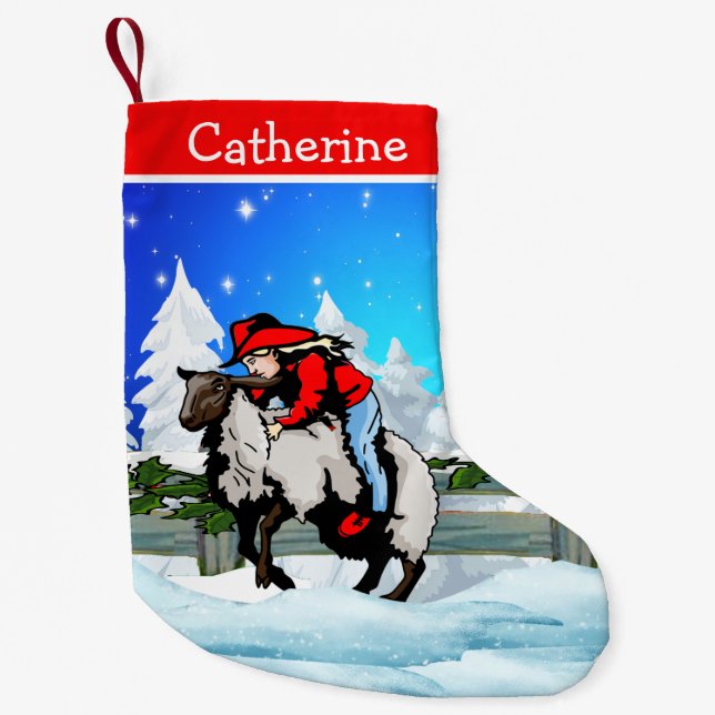 Western Rodeo Cowgirl Kid Mutton Buster Snö Scene Liten Julstrumpa (Framsidan)