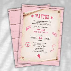 Western Rodeo Efterlyst Pink Flick Födelsedag Inbjudningar