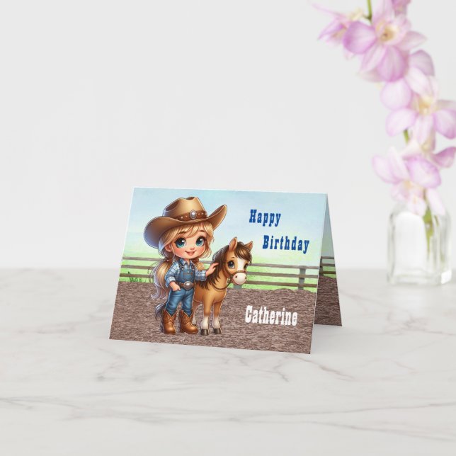 Western Rodeo Little Cowgirl with Horse Birthday Kort (Orkide)