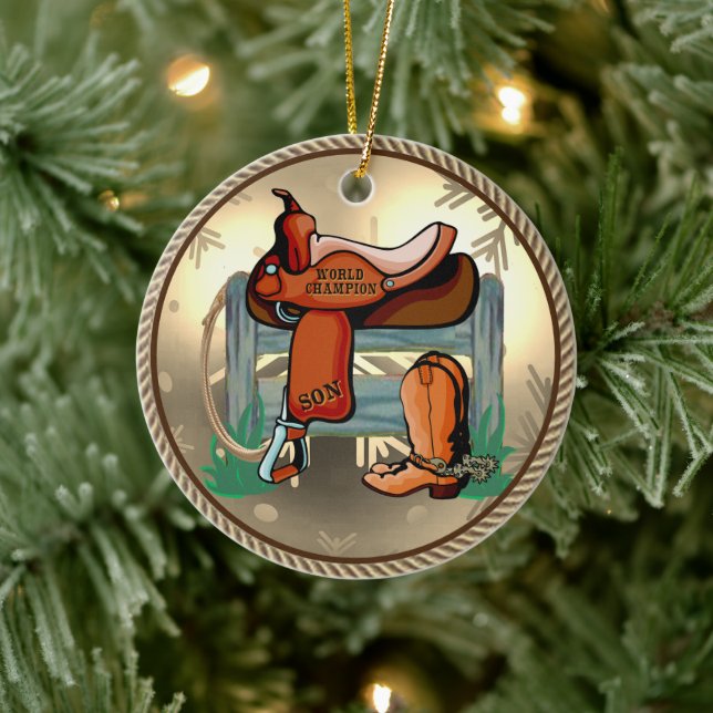 Western Rodeo Saddle Champion Son Julgransprydnad Keramik (Träd)