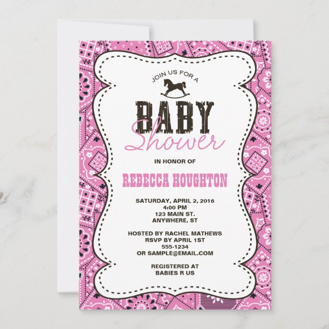 Western Rosa Bandana Baby Shower Inbjudan (Framsida)