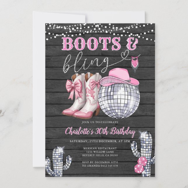 Western Rosa Boots & Bling Cowgirl Cactus Birthday Inbjudningar (Framsida)