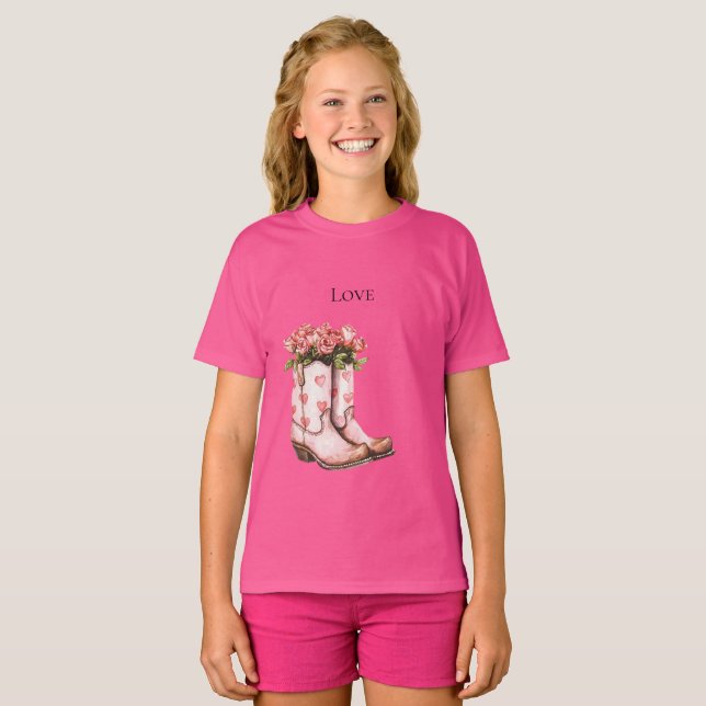Western Rosa Cowgirl Blommigt Boots T Shirt (Hel framsida)