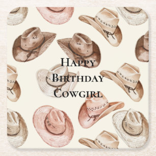 Western Rosa Cream Cowgirl Hats Birthday Underlägg Papper Kvadrat