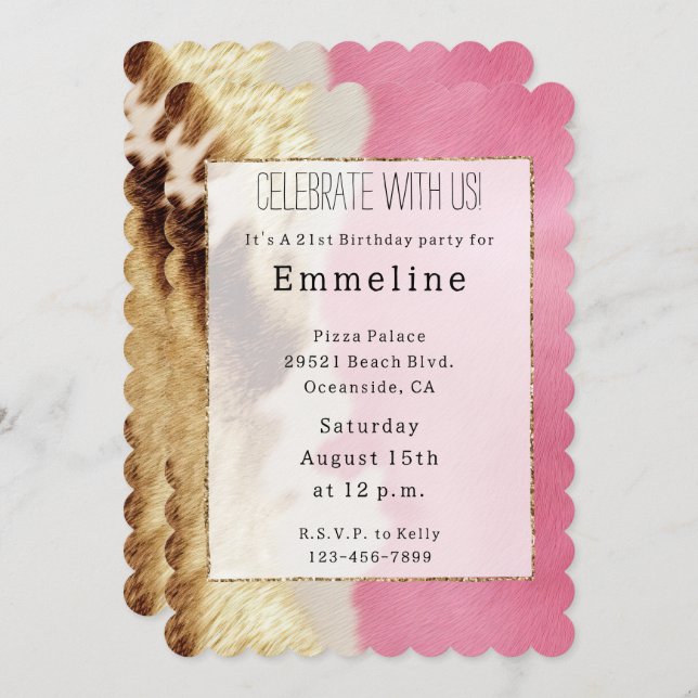 Western Rosa Cream Guld Cowgirl Cowhide Inbjudningar (Fram/baksida)