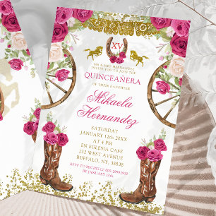 Western Rosa Fuchsia Blommigt Boots Quinceañera Inbjudningar