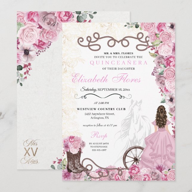 Western Rosa Princess Blommigt Charra Quinceañera Inbjudningar (Fram/baksida)