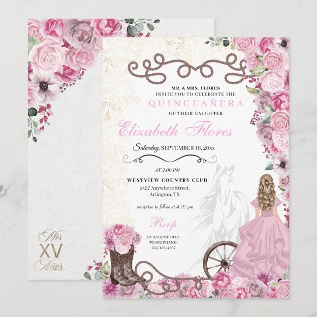 Western Rosa Princess Blommigt Charra Quinceañera Inbjudningar (Fram/baksida)