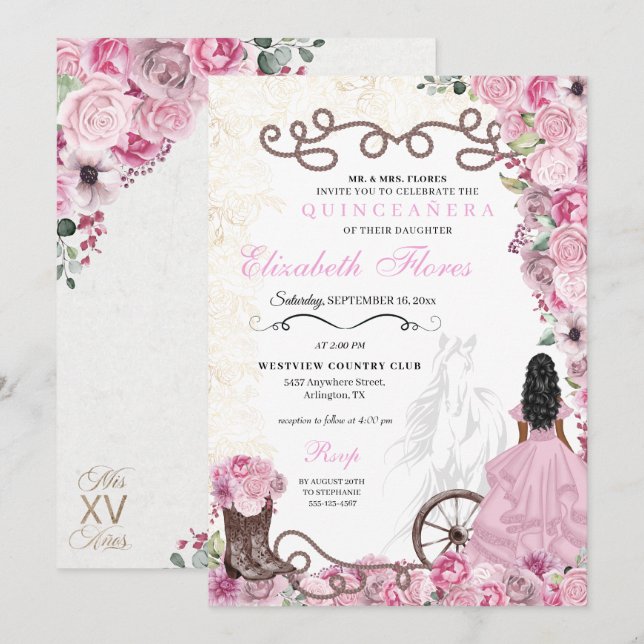 Western Rosa Princess Blommigt Charra Quinceañera Inbjudningar (Fram/baksida)