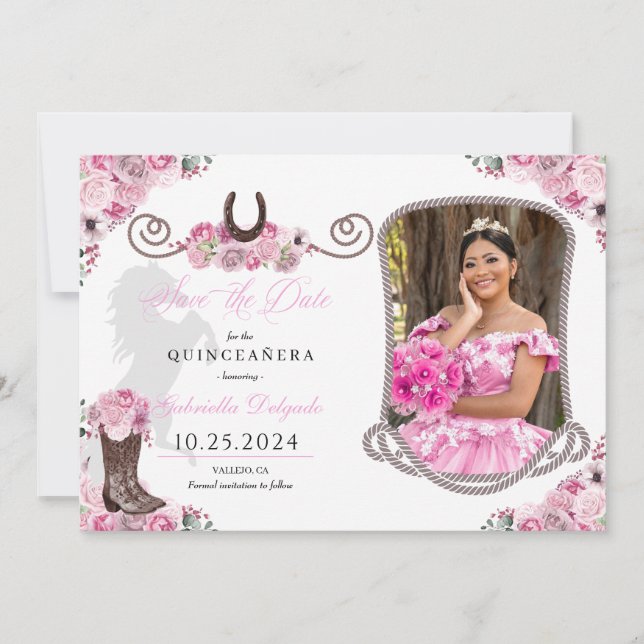 Western Rosa Quinceañera Spara datumfoto Inbjudningar (Framsida)