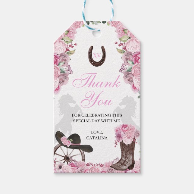 Western Rosa Ranchero Quinceanera Gift-Märkre Presentetikett (Framsidan)
